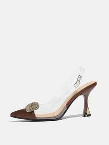 Sepatu hak tinggi stiletto ujung runcing wanita dengan hiasan gesper logam berlian imitasi, modis dan elegan untuk perjamuan, pesta, kegiatan luar ruangan, kencan, hadiah ulang tahun, gaun, paduan serbaguna, musim semi/panas/gugur/dingin, hak tinggi PVC cokelat kopi. - Coffee Brown - View 7