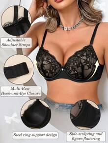 Women's Lace Padded Push-Up Bra - Comfortable Lift & Support, Adjustable Straps - Black and White - View 4