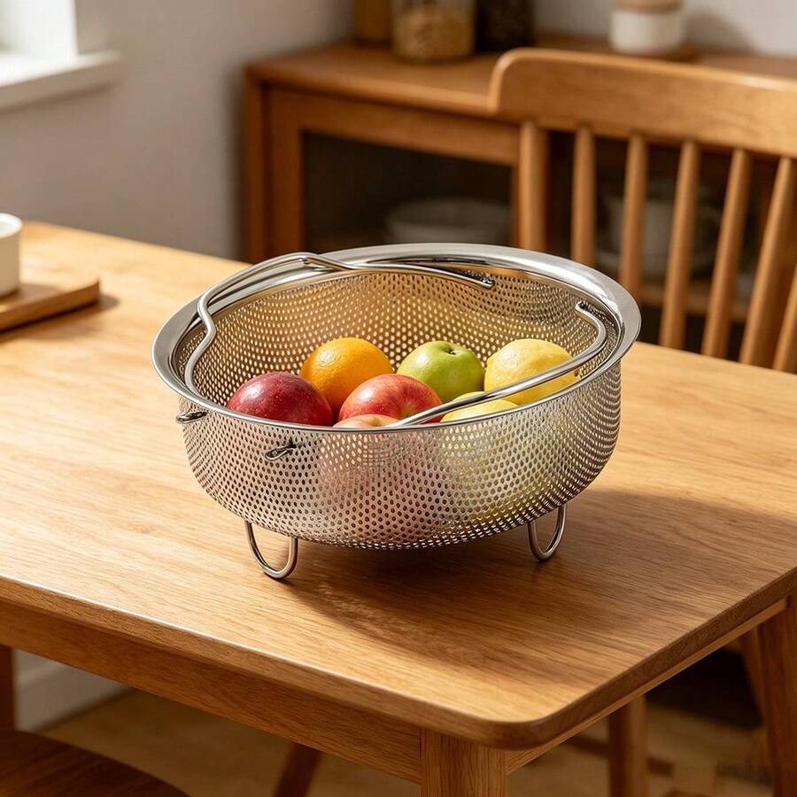 304 Stainless Steel Mesh Steamer Basket, Round Colander With Handle & Legs, Multipurpose Strainer For Cooking Steaming Rinsing - One Size - View 1