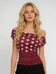 Women's Y2K Aesthetic Off Shoulder Tops Summer Mesh Dot Print Shirred Tops Slim Fit Shirts Streetwear - 紅色 - 查看 2
