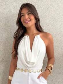 Women's Bodysuit With Draped Neckline, Halter Neck, Elegant With Metal Detail, Chic Fashion, Casual And For Parties - 白色 - 查看 4