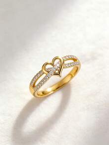 1 pièce Bague décorative en cristal en forme de cœur élégante, convenant pour le port quotidien des femmes, les fêtes, les banquets, les festivals et autres occasions - Doré - Voir 1