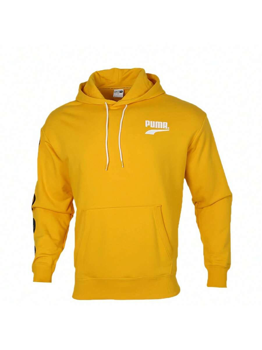 Puma Loose Smiling Face Pullover Sweatshirt, Classic Hooded Versatile Casual Activewear - Yellow - View 1
