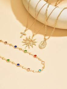 4pcs/Set Fashionable Gold-Tone Sun Cross Pendant Necklace Set, Elegant Layered Rhinestone Necklace Suitable For Daily Wear, Ascension Day, Dates And Outings - Multicolor - View 3