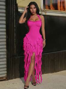 Jellyfish Ruffle Halter Sexy Dress, Graduation Gown Party Summer Elegant - Hot Pink - View 5