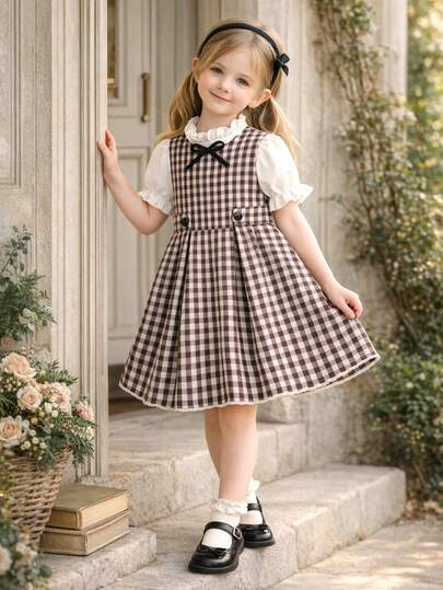 Đầm kẻ caro cổ điển ngọt ngào màu trắng, cổ Peter Pan, kiểu dáng Preppy cho bé gái 4-8 tuổi.