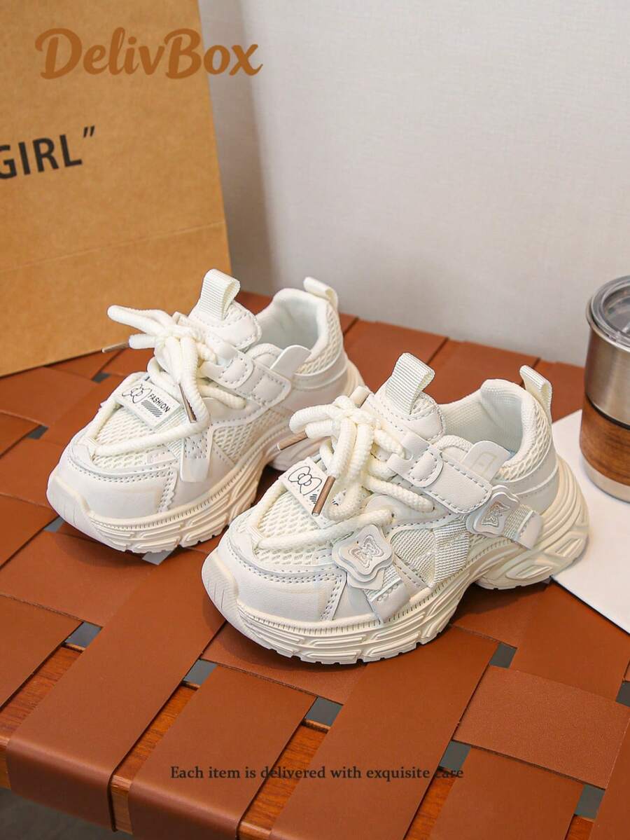 1 Pair Girls Thick Sole Hook And Loop Breathable Platform Chunky Sneakers - Beige - View 1