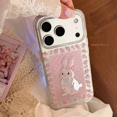 Kavenfort 可爱兔子手机壳，兼容苹果 17、16 Pro，透明闪光花卉款 13，温柔卡通款 15，油画风格，可爱，少女，创意，几何图案，卡通风格，小众，ins风