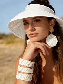 Yanxyad 手工波西米亚风藤编首饰套装，包括手链、耳环和可折叠遮阳帽，轻便易携，适合海滩度假旅行。 - 白色 - 查看 3