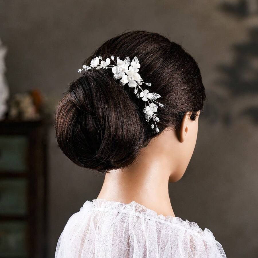 1件手工编织白色叶子发夹，闪亮派对/婚礼礼服头饰 - 銀色 - 查看 1