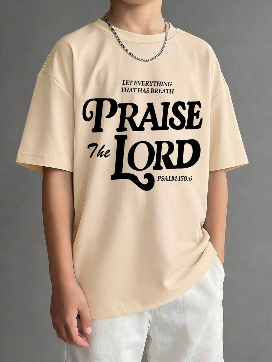 Boys' Casual Christian Pattern T-Shirt, "Praise The Lord" Psalm 150:6 Print Loose Fit Top, Comfortable Fabric For Back To School Summer Wear - Apricot - View 1