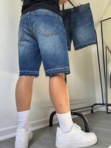 Quần short denim ống rộng rách gấu, quần short jeans dáng lửng phong cách Y2K, quần short denim dáng rộng thoải mái đa năng phong cách đường phố, quần short denim cotton túi xéo, quần jeans mùa hè - Xanh đậm - Xem 3