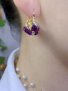 1pair 2pcs Vibrant Flower Basket Red Rose Shaped Earrings For Women Valentines - 紫色 - 查看 7
