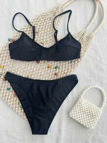Swim Mod Elegant Vacation Bohemian Navy Blue & White Polka Dot Adjustable Strap V-Neck Sexy Bikini Set - màu đen - Xem 4
