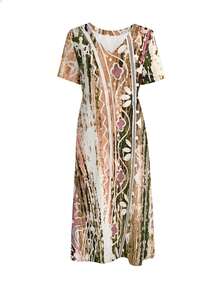 One Retro Casual Woven Fabric Line Floral Print Loose Comfortable Women's V-Neck Short-Sleeve Dress,Daily Outing Gathering Spring And Summer Natural And Casual Regular Women's Clothing - 彩色 - 查看 3
