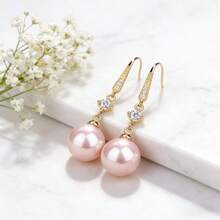 1对韩式奢华简约时尚高端锆石珍珠耳环，优雅通勤时尚耳环 - 彩色 - 查看 2