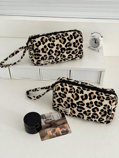 极简豹纹布艺收纳袋，便携式手持文具化妆品两用袋