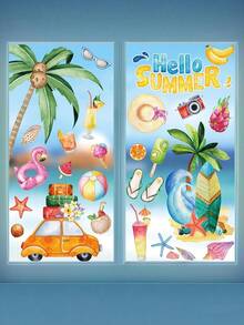 4 Blatt/49 Stück Sommer Strand Thema Fensteraufkleber, Palme, Auto, Frucht Muster Aufkleber für Heim Dekoration, Frischer Sommer Aquarell Stil, geeignet für Sommer Urlaubs Stil Dekoration, Schlafzimmer, Wohnzimmer, Balkon und Schaufenster Dekoration, Sommer Glas Dekoration, Pool Party Zubehör - Übersicht 4