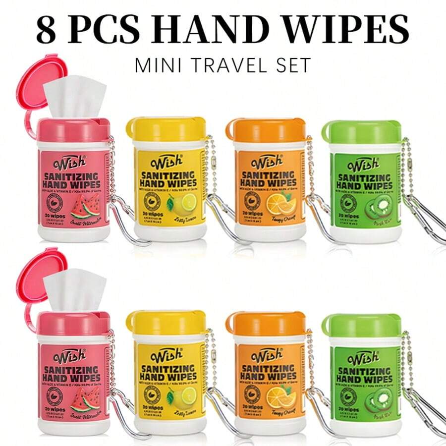 Wish 8 Pack Cute Colorful  Hand Wipes 20CT 4 Fruit Scents Portable Keychain Mini Wipes, Moisturizing Aloe, Back To School Dorm Essentials,Gentle On Skin,No Rinse - 8 Cans - 查看 1