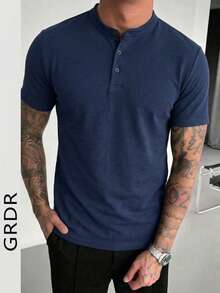 GRDR Men's Fashionable Solid Color Henley Neck Short Sleeve T-Shirt | Exquisite Design | Summer Essential | Easy To Match | Showcase Your Style - Navy Blue - View 5
