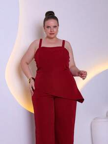 Women's Plus Size Tailored Set Consisting Of A Blouse And Wide-Leg Trousers C3090-2 - 酒紅色 - 查看 3