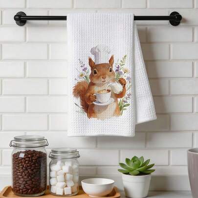 1 pezzo Interessante strofinaccio da cucina a scoiattolo da caffè, panno per piatti, regalo per amanti del caffè, decorazione da caffè, 100% microfibra lavorata a maglia, design rettangolare moderno, lavabile in lavatrice, tovaglietta decorativa a tema cartoni animati