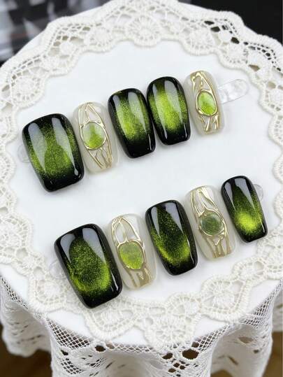 10pcs Square Luxury Blue Cat Eye Striped Press On Nails, Reusable, Suitable For Girls, Holidays, Weddings, Parties