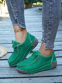 Women's Slip-On Loafer Shoes, Round Toe Mokassin Boat Shoes, Flat-Bottom Casual Walking Shoes, Suitable For Daily, Office, And Semi-Formal Occasions. - màu xanh lá - Xem 4