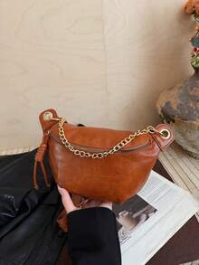 Bolso de pecho de cadena de moda para mujer, hecho de material de PU, cierre con cremallera, bolso de cintura portátil que cabe el teléfono, estilo minimalista de unicolor, adecuado para compras, citas, salidas, tamaño compacto - Marrón - Ver 8