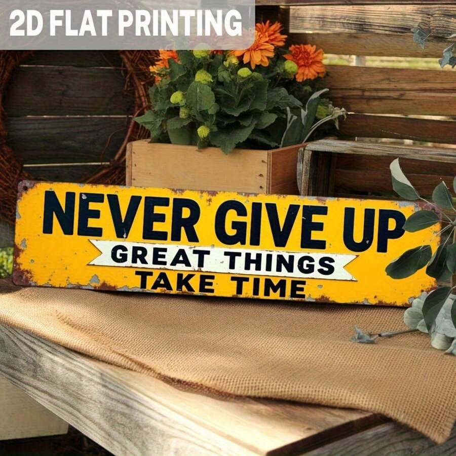 2D 平面 1 件裝復古金屬牆飾,「Never Give Up, Great Achievements Take Time」勵志標語,做舊磨損黃色背景配黑白文字,尺寸 10*40 cm,適合居家、辦公室、車庫或男人窩裝飾 - 多色 - 查看 1