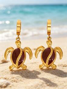 18K Gold Plated Enamel Sea Turtle Drop Earrings, Bohemian Style Gold Summer Beach Vacation Accessories, Stainless Steel Waterproof Beach Earrings (Multiple Enamel Colors Available) - Gold - View 8
