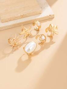 Bộ 6 chiếc nhẫn thời trang phong cách Bohemian họa tiết hoa, ngọc trai, sao biển, phụ kiện trang sức nữ. - Vàng - Xem 8