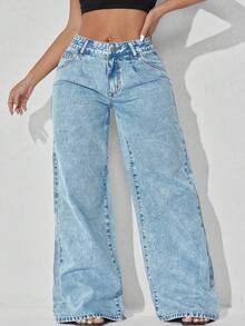 Quần jeans nữ ống rộng cạp thấp màu xanh dương dáng suông, túi xéo, kiểu dáng thường ngày, thích hợp cho mùa xuân. - Màu xanh lam - Xem 6