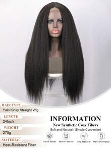 Yaki Kinky Straight Wig Long Black Wig For Women 24 Long Yaki Straight Hair Synthetic Lace Wig Suitable For Everyday Wear Yaki Straight Hair - 黑色 - 查看 3