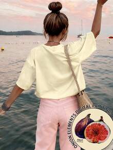 Maglietta a maniche corte con stampa di frutta in stile bohémien minimalista, oversize, casual e versatile, adatta per l'estate, viaggi all'aperto, servizi fotografici e brunch estivi e autunnali - Albicocca - Visualizzare 1