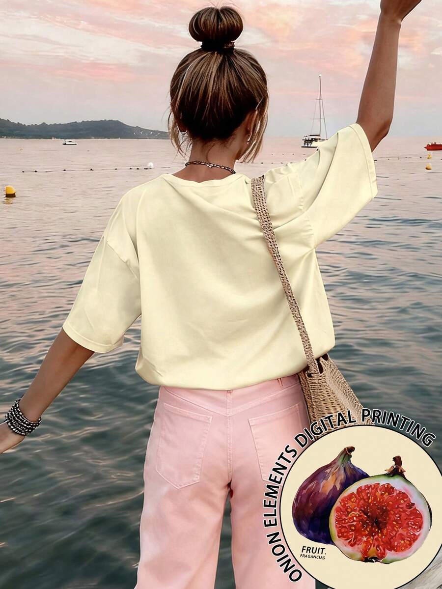 Maglietta a maniche corte con stampa di frutta in stile bohémien minimalista, oversize, casual e versatile, adatta per l'estate, viaggi all'aperto, servizi fotografici e brunch estivi e autunnali - Albicocca - Visualizzare 1