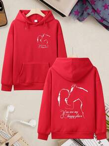 1pc Spring And Summer Hoodie For Womenall-Seasonstyle, Simple Design With Beauty And White Horse Silhouette Print, Autumn And Winter Women's Long-Sleeve Drawstring Hoodie, Casual Kangaroo Pocket Hoodie, Women's Drawstring Hoodie Mother's Day Gift - 黑色 - 查看 8