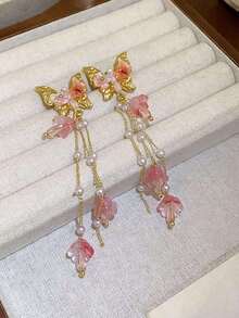 1Pair -Tone Pink Long Butterfly Pearl Tassel Earrings, Suitable For Spring/Summer Outfits - 金粉紅色 - 查看 2
