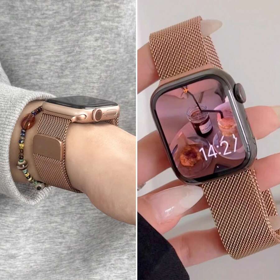 1条男女通用春夏款表带，49mm/46mm/45mm/44mm/42mm/41mm智能手表表带，兼容 S10/11，米兰尼斯表带，适用于9/8/7/6英寸表盘，优质不锈钢表带 - 玫瑰金 - 查看 1