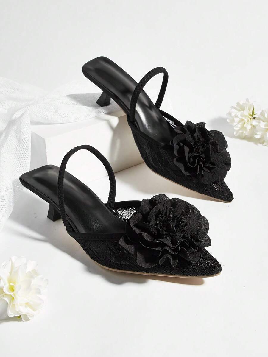 Women's Pointed Toe Slingback Shoes, Versatile Elegant Party Comfortable Fashion Open Toe High Heel Shoes With Floral Decor And Backstrap, Kitten Heel Pumps - Black - View 1