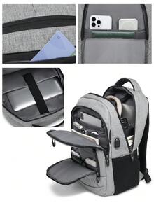 1pc Polyester Casual Laptop Backpack, Large Capacity Multi-Function Notebook Business Computer Bag, Outdoor Travel Backpack Suitable For Men And Women, Black, Grey - Multicolor - View 9