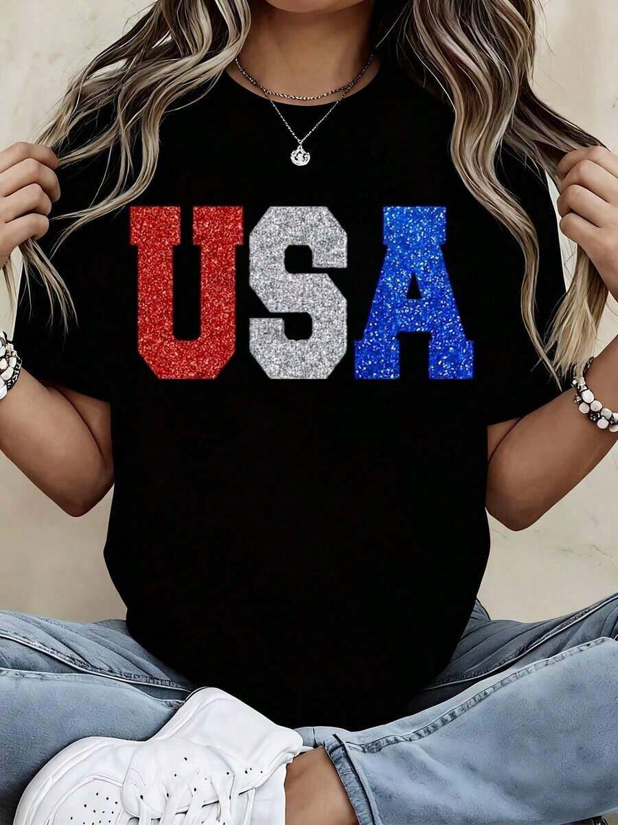 100%CottonGlitter Usa Patriotic T Shirt Red White And Blue Sparkle Print For Independence Day Celebration Party WearBreathable Cotton Tee, All Match - màu đen - Xem 1