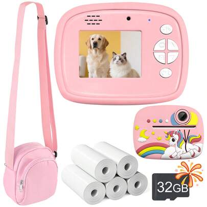 Máy ảnh in ảnh tức thời, máy ảnh kỹ thuật số độ phân giải cao 1080P, tặng kèm thẻ nhớ 32GB, chất lượng ảnh 48MB, hỗ trợ zoom 16x, có thể chụp ảnh selfie, chụp hẹn giờ 3 giây, 5 giây hoặc 10 giây, và chế độ lưu ảnh từ thẻ nhớ cho phép chụp liên tiếp 3 hoặc 5 ảnh. Có bốn màu để lựa chọn: Xanh dương, Hồng, Xanh lá cây và Tím.
