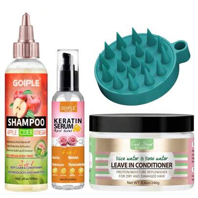 四件套护发套装：苹果醋洗发水、角蛋白精华液、米水免洗护发素和硅胶头皮按摩器。深层清洁，无硫酸盐，去屑，适合卷发、粗硬发质和编发。去除堆积物，护色，抚平毛躁，热保护，滋养修护干枯受损发质，防止断裂。