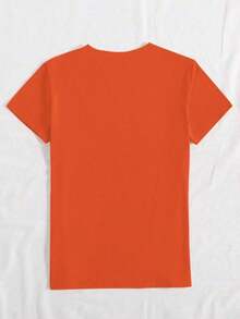 Camiseta de algodón 100% con cuello redondo, manga corta y estampado de perlas falsas, top casual de verano para mujer - Naranja - Ver 2