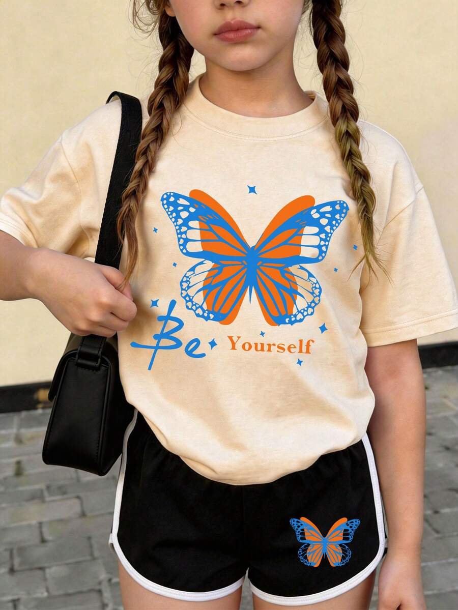 1 Set Butterfly Print Round Neck T-Shirt & Shorts Outfit For Tween GirlsComfortable Minimalist Design, Suitable For Spring & Summer - Multicolor - View 1