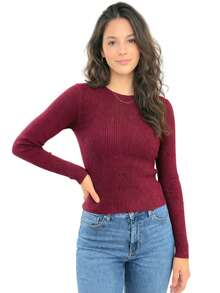 Set Of 3 Ribbed Crew Neck Long Sleeve T-Shirts - Special Offer - kit3-preta vinho verde - 查看 6
