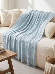 1pc Light Blue Diamond Plaid Knitted Blanket, Nordic Casual Style Tasseled Rectangular Throw Blanket For Sofa, Office Nap, Suitable For Daily Use - Light Blue Diamond-shaped Scarf - View 4