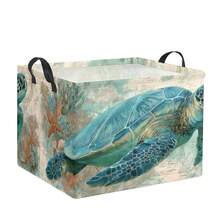 1pc Vintage Sea Turtle Nautical Map Storage Basket, Foldable Fabric Storage Bin With Handles, Coastal Ocean Home Organizer For Clothes Toys, Beach Decor Storage Box - Mint Blue - View 7