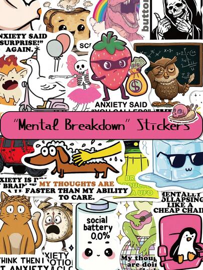 100pcs "Mental Breakdown" Stickers: Fun And Creative Designs Perfect For Laptops, Suitcases, Storage Boxes, Scrapbooks, Skateboards, DIY Projects, And Graffiti Scrapbook Supplies Scrapbooking